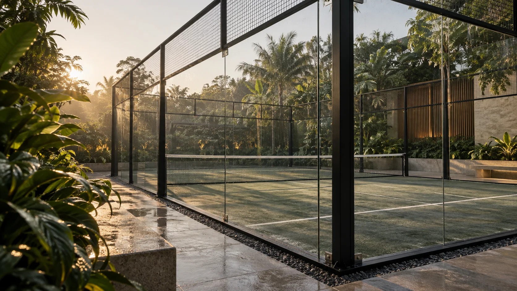 Tropical padel court in Singapore light